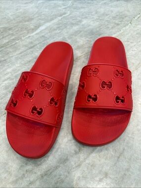 Gucci Red Embossed GG Slide Sandals